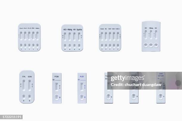 rapid antigen test kit, atk test for coronavirus, covid-19, sarsco v2 on white background - test autodiagnostico foto e immagini stock