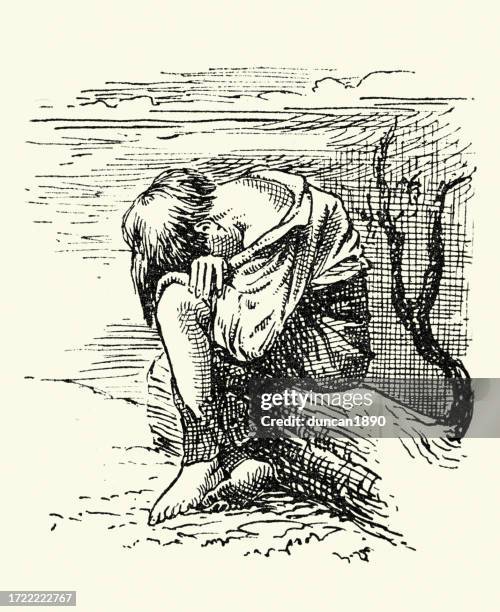 lost homeless boy crying, despair, dressed in rags, barefoot, victorian 19th century - starving children drawing stock illustrations