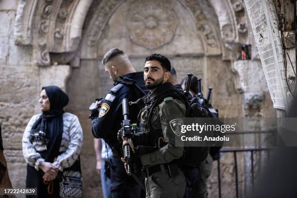 Israeli forces take strict security measures ahead of Friday prayers at Al-Aqsa Mosque in Old City of East Jerusalem on October 13, 2023.