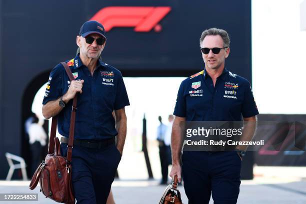Adrian Newey, the Chief Technical Officer of Red Bull Racing and Red Bull Racing Team Principal Christian Horner walk in the Paddock prior to the...