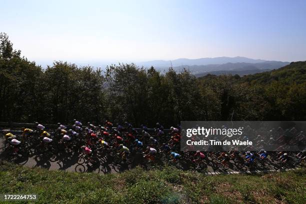 General view of the peloton competing during the 117th Il Lombardia 2023 a 238km one day race from Como to Bergamo / #UCIWT / on October 07, 2023 in...