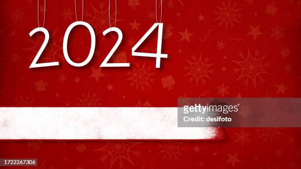 creative white colored text 2024 over dark red maroon horizontal festive glowing glittering christmas and new year backgrounds for xmas greeting cards, posters and banners with snowflake, stars and gift box as watermark - maroon swirl stock illustrations