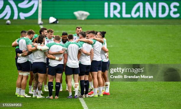 Paris , France - 13 October 2023; The Ireland team huddle during an Ireland captain's run at Stade de France in Paris, France.