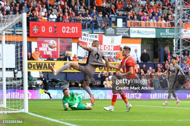Richarlison of Tottenham Hotspur misses a chance during the Premier League match between Luton Town and Tottenham Hotspur at Kenilworth Road on...
