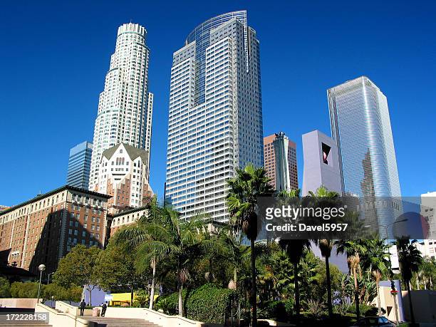 daytime view of los angeles skyscrapers - pershing square stock pictures, royalty-free photos & images