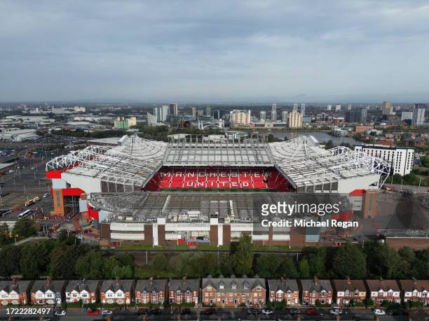 An aerial view of Old Trafford before the Premier League match between Manchester United and Brentford FC at Old Trafford on October 07, 2023 in...