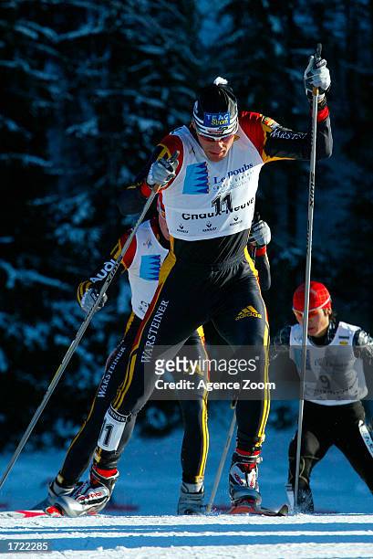 Ronny Ackerman of Germany in action during the men's Nordic Combined, Cross-Country in the FIS Nordic Combined World Championships in Chaux-Neuve,...