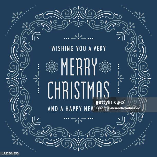 ornate square christmas greeting card with swirl frame and typography - filigree stock illustrations