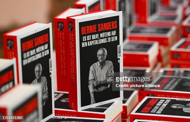 October 2023, Berlin: Books entitled "It's okay to be angry at capitalism" by U.S. Politician Bernie Sanders at the launch at the House of World...