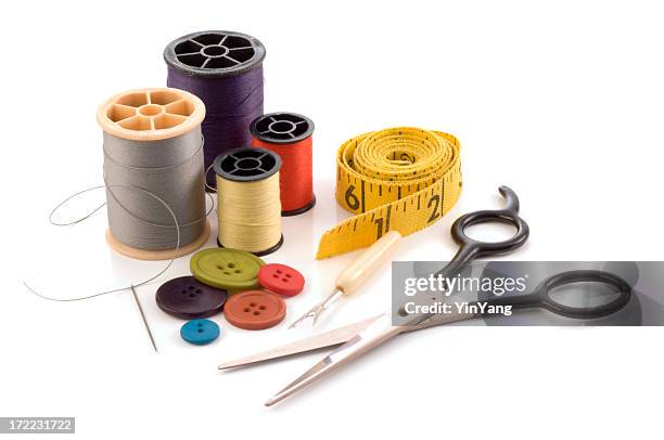 sewing kit with needle, thread, button, scissors, and tape measure - filament stock pictures, royalty-free photos & images