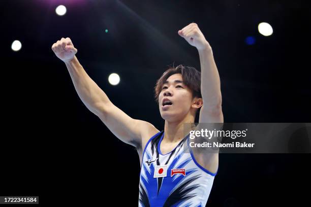 Kazuki Minami of Team Japan celebrates after his routine in the Men's Floor Exercise Final on Day Eight of the 2023 Artistic Gymnastics World...