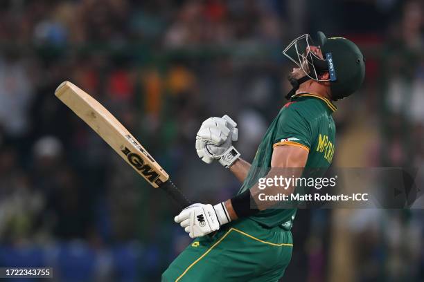 Aiden Markram of South Africa celebrates after reaching his century during the ICC Men's Cricket World Cup India 2023 between South Africa and Sri...