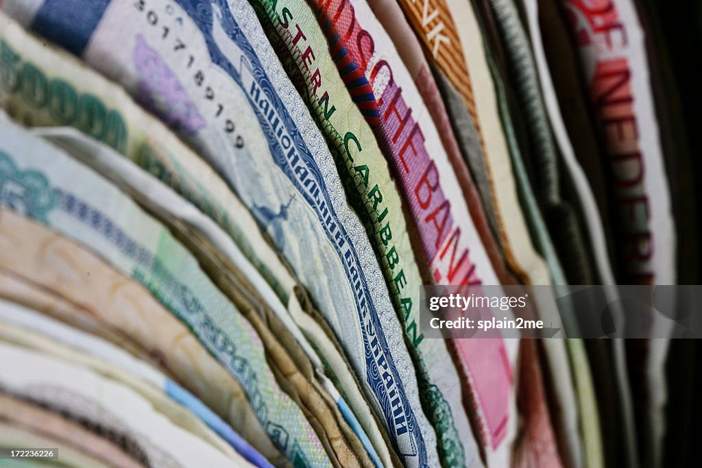 Set of different banknotes standing