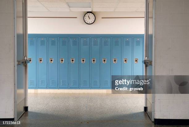 empty school hallway and lockers - corridor stock pictures, royalty-free photos & images