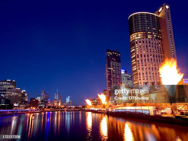 crown casino fireshow with melbourne skyline - melbourne skyline stock pictures, royalty-free photos & images