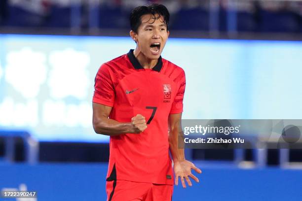 Jeong Wooyeong of South Korea celebrates his goal during the 19th Asian Game men's gold medal match between South Korea and Japan at Huanglong Sports...