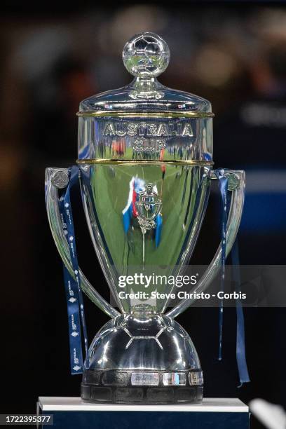Tthe Australia Cup trophy sits on a plinth during the 2023 Australia Cup Final match between Sydney FC and Brisbane Roar FC at Allianz Stadium on...