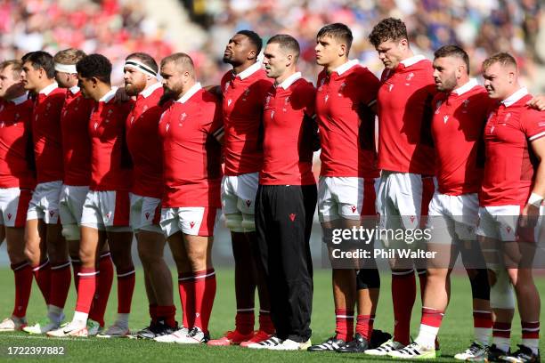 Players of Wales sing their national anthem prior to the Rugby World Cup France 2023 match between Wales and Georgia at Stade de la Beaujoire on...