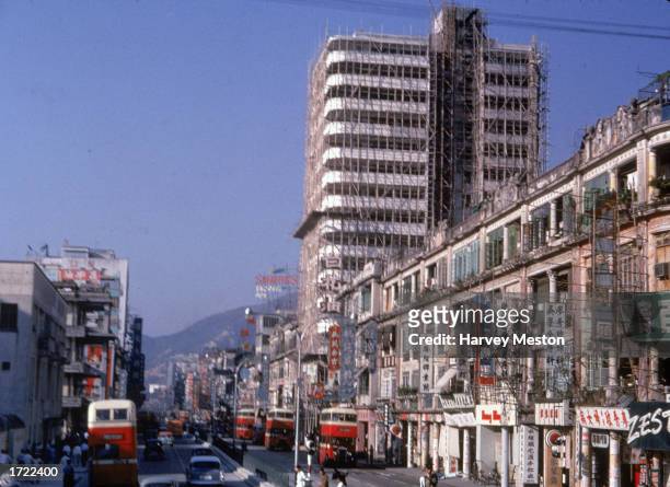 Street scene at Nathan Road in Kowloon, Hong Kong, 1960s.