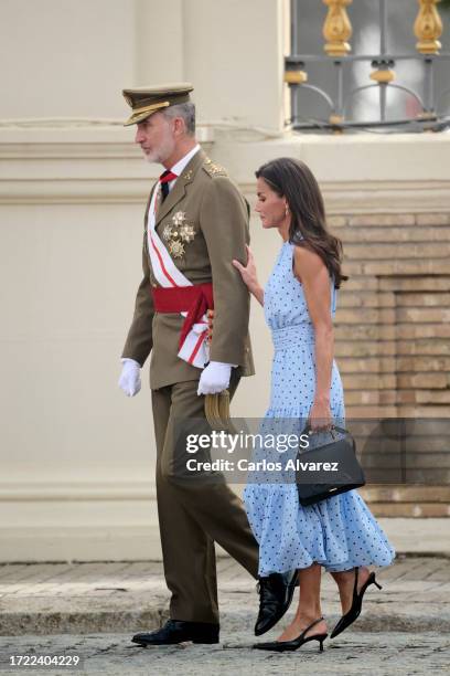 King Felipe VI of Spain and Queen Letizia of Spain attend the pledge of allegiance to the flag of Princess Leonor of Spain on October 07, 2023 in...