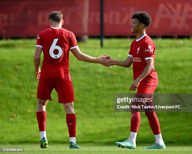 Trent Kone-Doherty of Liverpool celebrates scoring Liverpool's second goal during the U18 Premier League match at AXA Training Centre on October 07,...