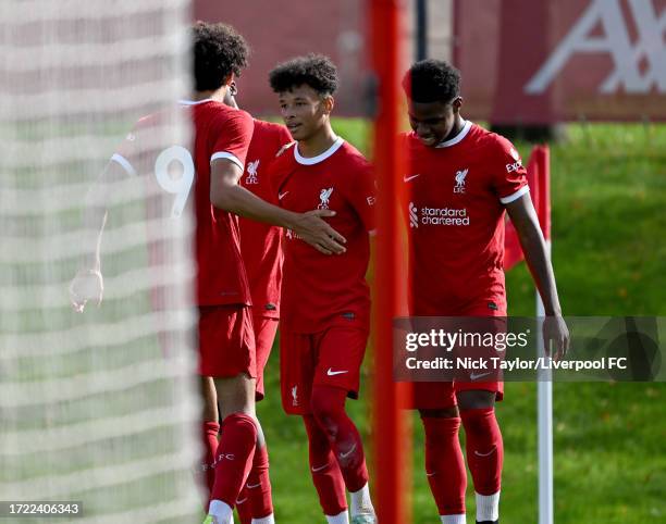 Trent Kone-Doherty of Liverpool celebrates scoring Liverpool's second goal during the U18 Premier League match at AXA Training Centre on October 07,...