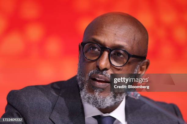 Abebe Selassie, director of Africa at the International Monetary Fund , speaks during a briefing at the annual meetings of the International Monetary...