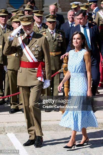 King Felipe VI of Spain and Queen Letizia of Spain attend the pledge of allegiance to the flag of Princess Leonor of Spain on October 07, 2023 in...