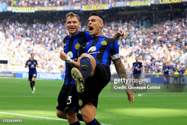 Lautaro Martinez of FC Internazionale celebrates after scoring the his team's second goal during the Serie A TIM match between FC Internazionale and...