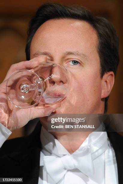 Britain's Prime Minister David Cameron drinks a toast to the Royal Family during the City of London Lord Mayor's Banquet at the Guildhall, in central...