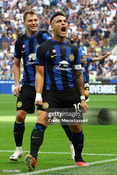 Lautaro Martinez of FC Internazionale celebrates after scoring their sides second goal during the Serie A TIM match between FC Internazionale and...