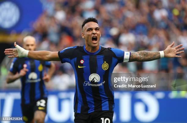 Lautaro Martinez of FC Internazionale celebrates after scoring their sides second goal during the Serie A TIM match between FC Internazionale and...