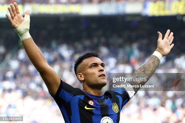 Lautaro Martinez of FC Internazionale celebrates after scoring their sides second goal during the Serie A TIM match between FC Internazionale and...