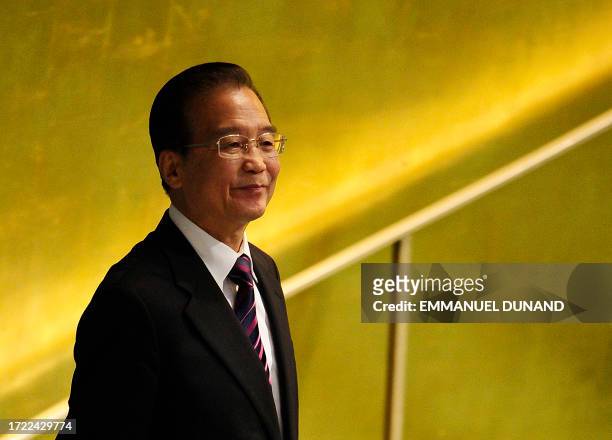 China's Prime Wen Jiabao addresses the 65th General Assembly at the United Nations headquarters in New York, September 23, 2010. AFP PHOTO/Emmanuel...