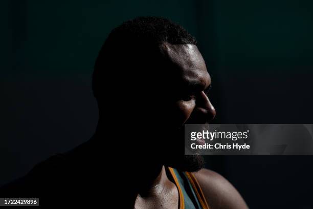 Samu Kerevi looks on during a Wallabies training session, at Stade Roger Baudras on October 07, 2023 in Saint-Etienne, France.
