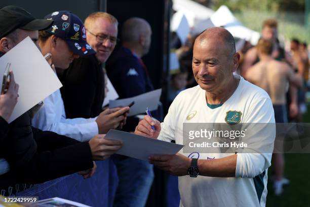 Head Coach, Eddie Jones with fans during a Wallabies training session, at Stade Roger Baudras on October 07, 2023 in Saint-Etienne, France.