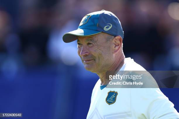 Head Coach, Eddie Jones looks on during a Wallabies training session, at Stade Roger Baudras on October 07, 2023 in Saint-Etienne, France.