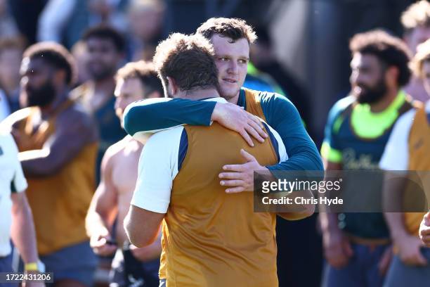 Angus Bell and James Slipper during a Wallabies training session, at Stade Roger Baudras on October 07, 2023 in Saint-Etienne, France.