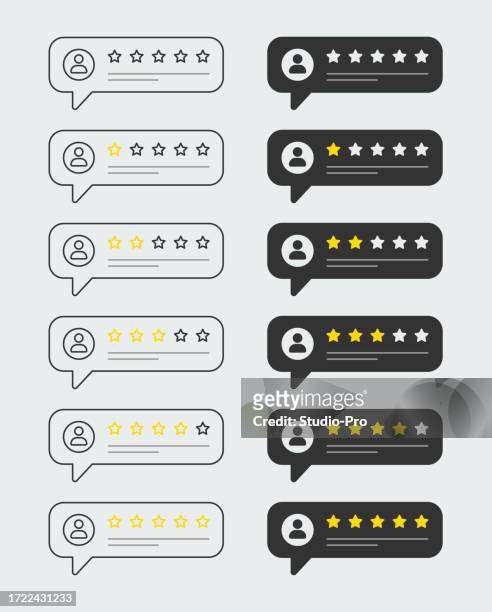 five star rating speech bubbles. vector feedback symbols design template set - 5 star review stock illustrations