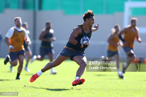 Jordan Petaia during a Wallabies training session, at Stade Roger Baudras on October 07, 2023 in Saint-Etienne, France.