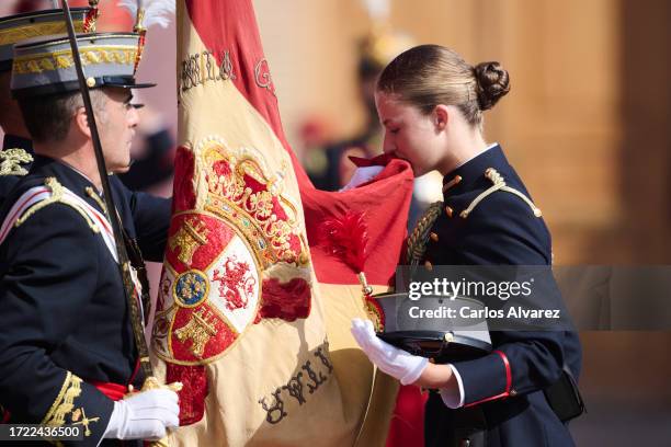 Princess Leonor of Spain pledge allegiance to the flag on October 07, 2023 in Zaragoza, Spain. Heir to the throne of Spain, Princess Leonor...