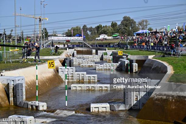 General view of the race track after the race during the 2023 ICF Canoe Slalom World Cup slalom at Vaires-Sur-Marne Nautical Stadium at...