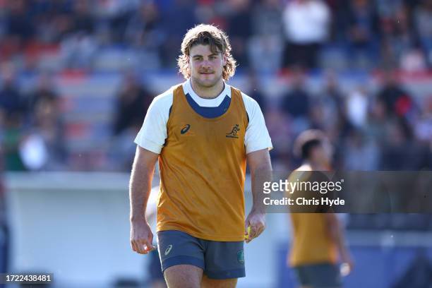 Fraser McReight looks on during a Wallabies training session, at Stade Roger Baudras on October 07, 2023 in Saint-Etienne, France.