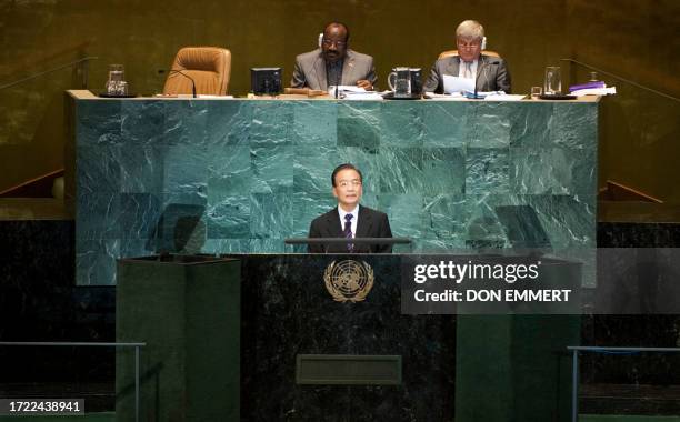 Chinese Premier Wen Jiabao delivers his address September 23, 2010 during the 65th session of the General Assembly at the United Nations in New York....