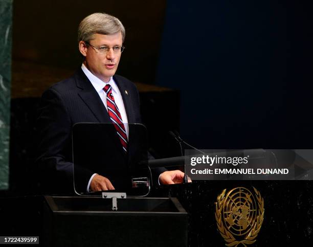 Canada's Prime Minister Stephen Harper addresses the 65th General Assembly at the United Nations headquarters in New York, September 23, 2010. AFP...