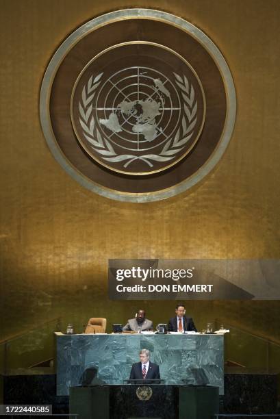 Prime Minister of Canada Stephen Harper delivers his address September 23, 2010 during the 65th session of the General Assembly at the United Nations...