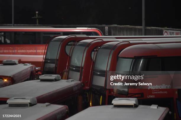 Frost Covered London Buses At Cricklewood Garage This Morning ....Evening Standard . 29-November-2021
