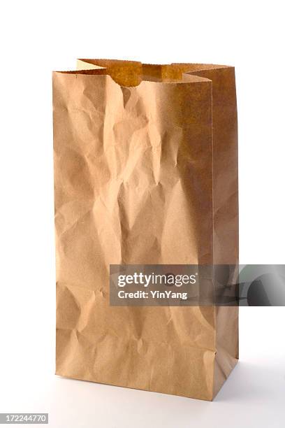 brown paper bag packed lunch, take out food on white - food bag stock pictures, royalty-free photos & images