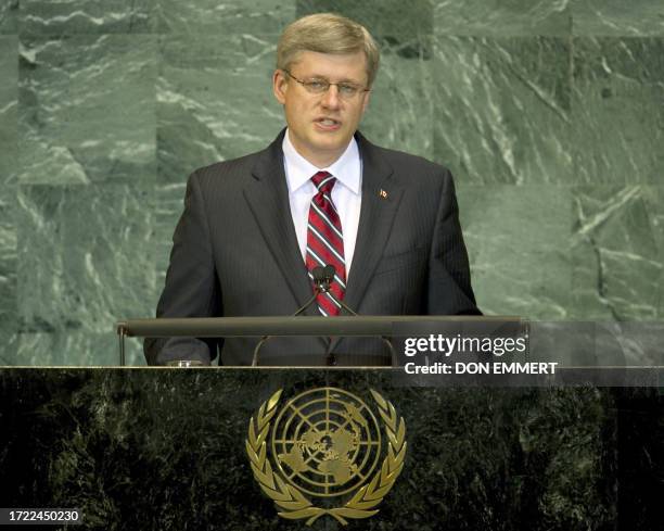 Prime Minister of Canada Stephen Harper delivers his address September 23, 2010 during the 65th session of the General Assembly at the United Nations...