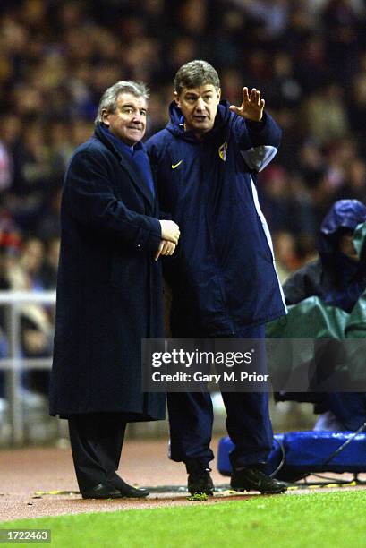 Leeds United manager Terry Venables and his assistant Brian Kidd discuss tactics during the FA Barclaycard Premiership match between Sunderland and...